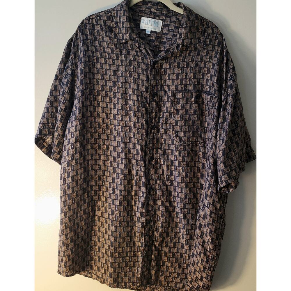 Whitby Mens Printed Washed Silk Hawaiian Shirt XL Brown Short Sleeve Button